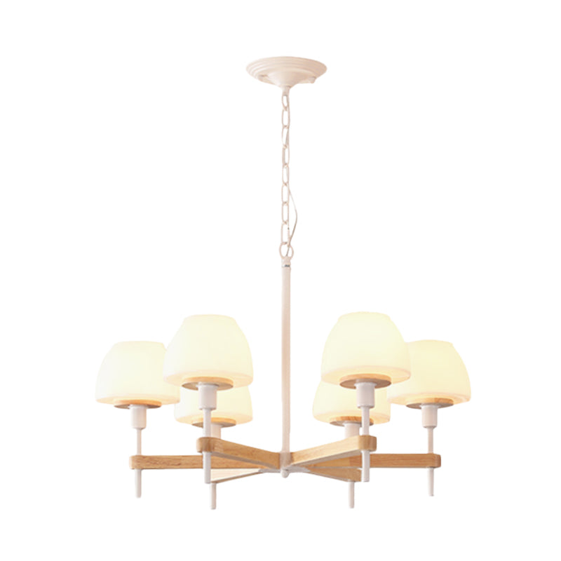 Modernist Jar Shape Hanging Light Frosted White Glass 6 Lights Bedroom Radial Chandelier in Wood Clearhalo 'Ceiling Lights' 'Chandeliers' 'Glass shade' 'Glass' 'Modern Chandeliers' 'Modern' Lighting' 731230