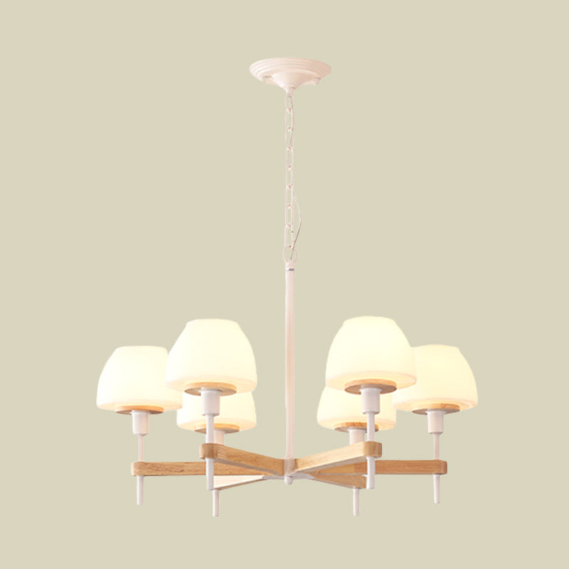 Modernist Jar Shape Hanging Light Frosted White Glass 6 Lights Bedroom Radial Chandelier in Wood Clearhalo 'Ceiling Lights' 'Chandeliers' 'Glass shade' 'Glass' 'Modern Chandeliers' 'Modern' Lighting' 731231