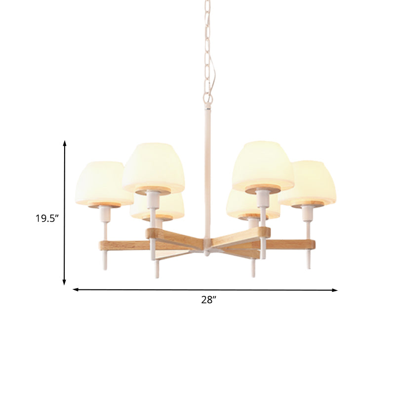 Modernist Jar Shape Hanging Light Frosted White Glass 6 Lights Bedroom Radial Chandelier in Wood Clearhalo 'Ceiling Lights' 'Chandeliers' 'Glass shade' 'Glass' 'Modern Chandeliers' 'Modern' Lighting' 731232