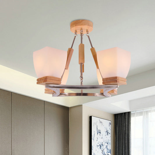 Trapezoid Hanging Chandelier Modernism White Frosted Glass 4 Heads Chrome and Wood Ceiling Light White Clearhalo 'Ceiling Lights' 'Chandeliers' 'Glass shade' 'Glass' 'Modern Chandeliers' 'Modern' Lighting' 731233