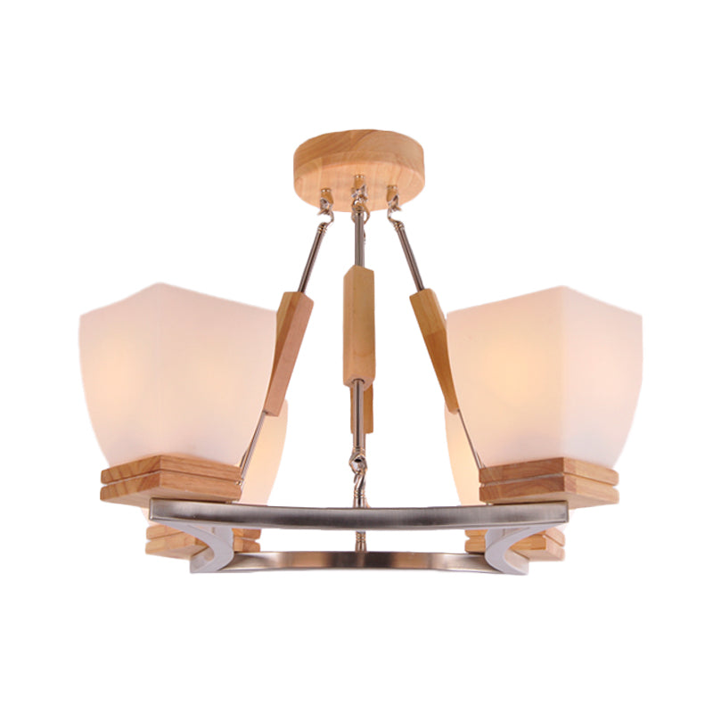 Trapezoid Hanging Chandelier Modernism White Frosted Glass 4 Heads Chrome and Wood Ceiling Light Clearhalo 'Ceiling Lights' 'Chandeliers' 'Glass shade' 'Glass' 'Modern Chandeliers' 'Modern' Lighting' 731235