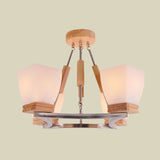 Trapezoid Hanging Chandelier Modernism White Frosted Glass 4 Heads Chrome and Wood Ceiling Light Clearhalo 'Ceiling Lights' 'Chandeliers' 'Glass shade' 'Glass' 'Modern Chandeliers' 'Modern' Lighting' 731236