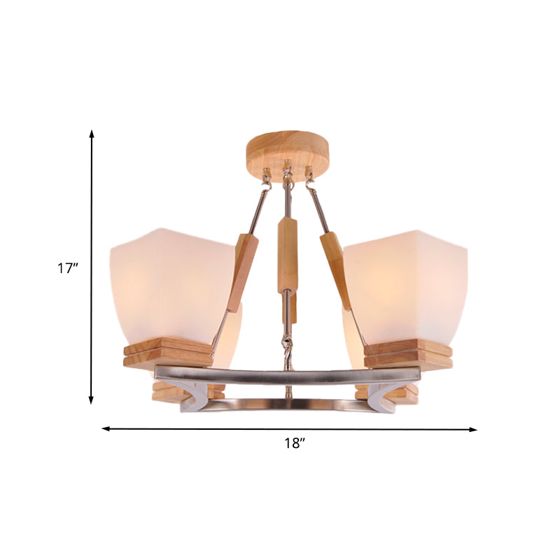 Trapezoid Hanging Chandelier Modernism White Frosted Glass 4 Heads Chrome and Wood Ceiling Light Clearhalo 'Ceiling Lights' 'Chandeliers' 'Glass shade' 'Glass' 'Modern Chandeliers' 'Modern' Lighting' 731237