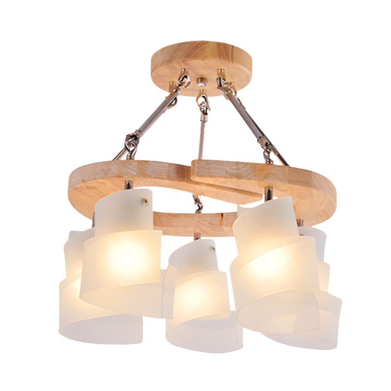 Spiral Panel Living Room Chandelier Lighting White Frosted Glass 3/5 Bulbs Modern Suspension Pendant with Wood Shelf Clearhalo 'Ceiling Lights' 'Chandeliers' 'Glass shade' 'Glass' 'Modern Chandeliers' 'Modern' 'Pendant Lights' Lighting' 731240