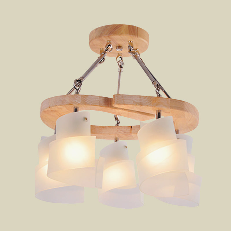 Spiral Panel Living Room Chandelier Lighting White Frosted Glass 3/5 Bulbs Modern Suspension Pendant with Wood Shelf Clearhalo 'Ceiling Lights' 'Chandeliers' 'Glass shade' 'Glass' 'Modern Chandeliers' 'Modern' 'Pendant Lights' Lighting' 731241