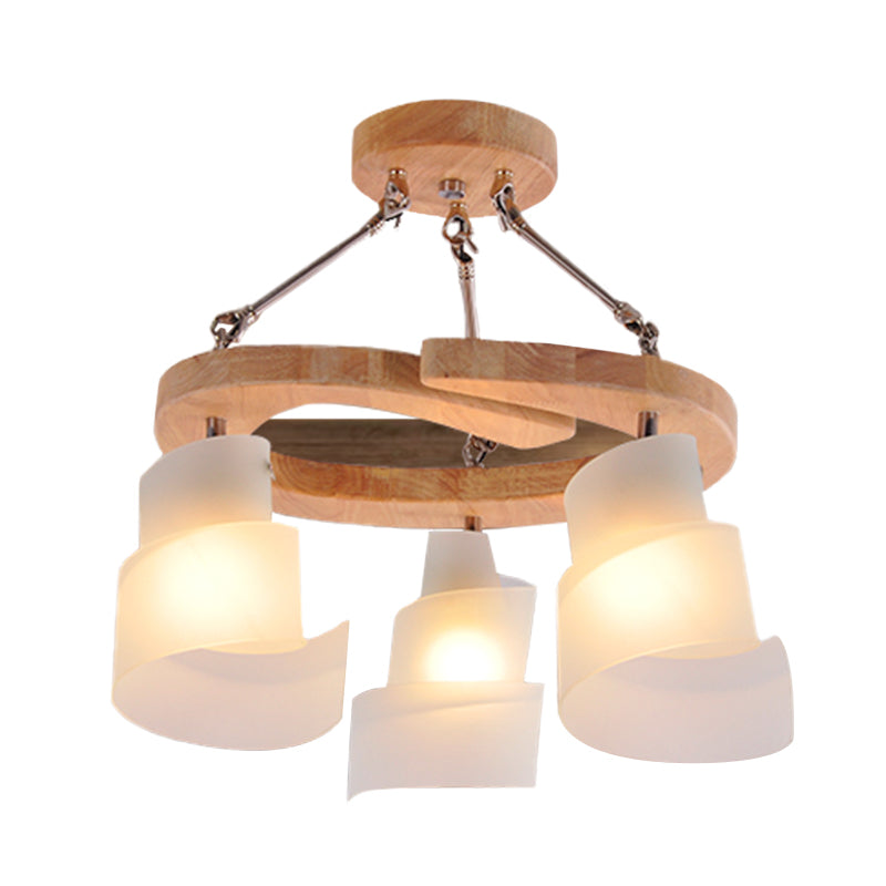 Spiral Panel Living Room Chandelier Lighting White Frosted Glass 3/5 Bulbs Modern Suspension Pendant with Wood Shelf Clearhalo 'Ceiling Lights' 'Chandeliers' 'Glass shade' 'Glass' 'Modern Chandeliers' 'Modern' 'Pendant Lights' Lighting' 731245