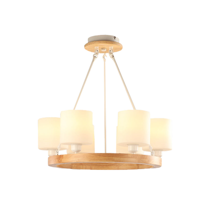 White Glass Cylinder Chandelier Light Modern 4/6/8-Light Wood Hanging Pendant Lamp with Ring Design Clearhalo 'Ceiling Lights' 'Chandeliers' 'Glass shade' 'Glass' 'Modern Chandeliers' 'Modern' Lighting' 731249