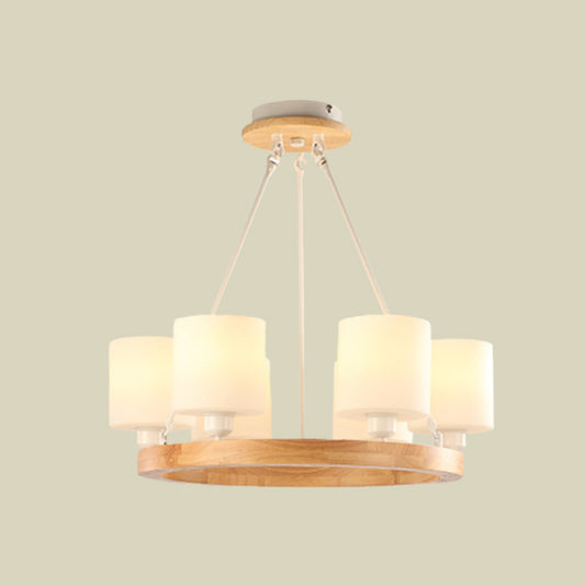 White Glass Cylinder Chandelier Light Modern 4/6/8-Light Wood Hanging Pendant Lamp with Ring Design Clearhalo 'Ceiling Lights' 'Chandeliers' 'Glass shade' 'Glass' 'Modern Chandeliers' 'Modern' Lighting' 731250