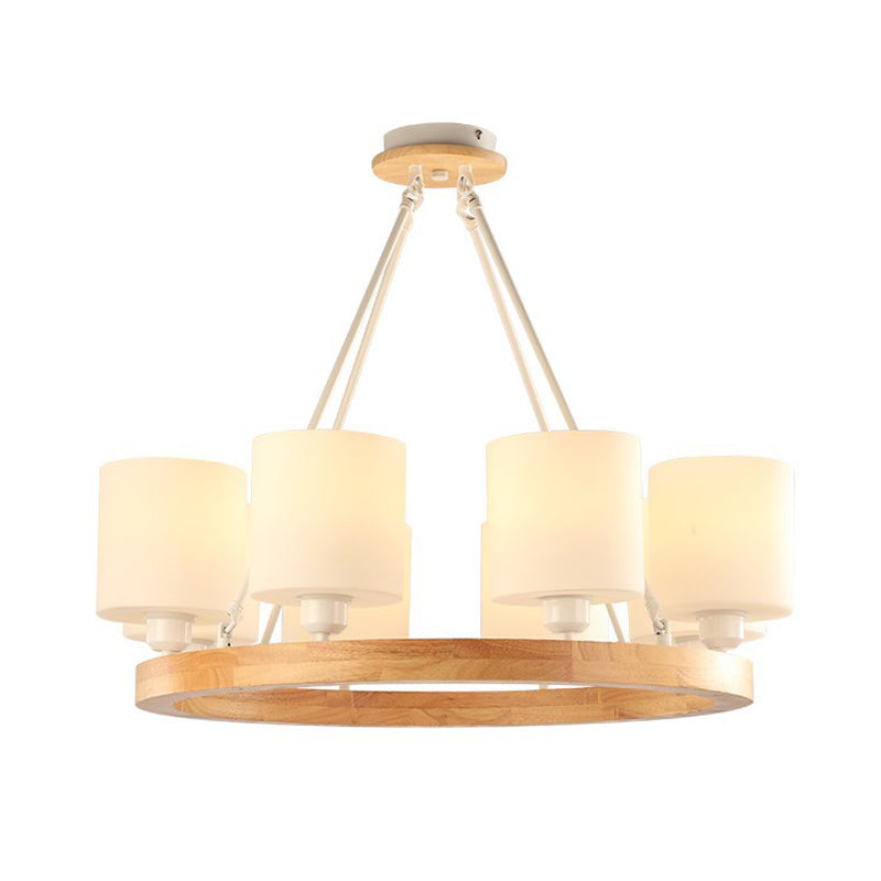 White Glass Cylinder Chandelier Light Modern 4/6/8-Light Wood Hanging Pendant Lamp with Ring Design Clearhalo 'Ceiling Lights' 'Chandeliers' 'Glass shade' 'Glass' 'Modern Chandeliers' 'Modern' Lighting' 731254