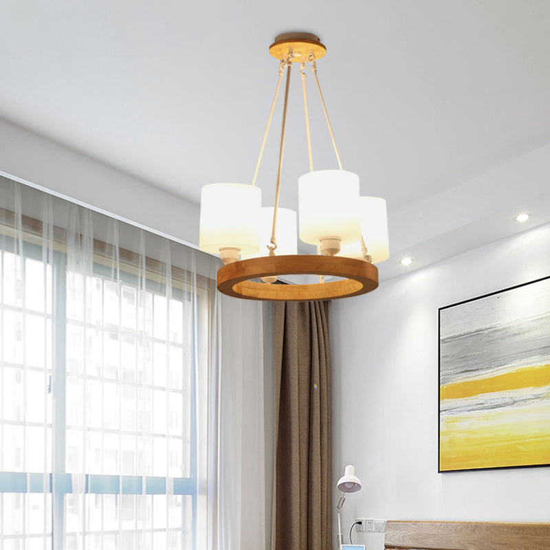 White Glass Cylinder Chandelier Light Modern 4/6/8-Light Wood Hanging Pendant Lamp with Ring Design Clearhalo 'Ceiling Lights' 'Chandeliers' 'Glass shade' 'Glass' 'Modern Chandeliers' 'Modern' Lighting' 731257