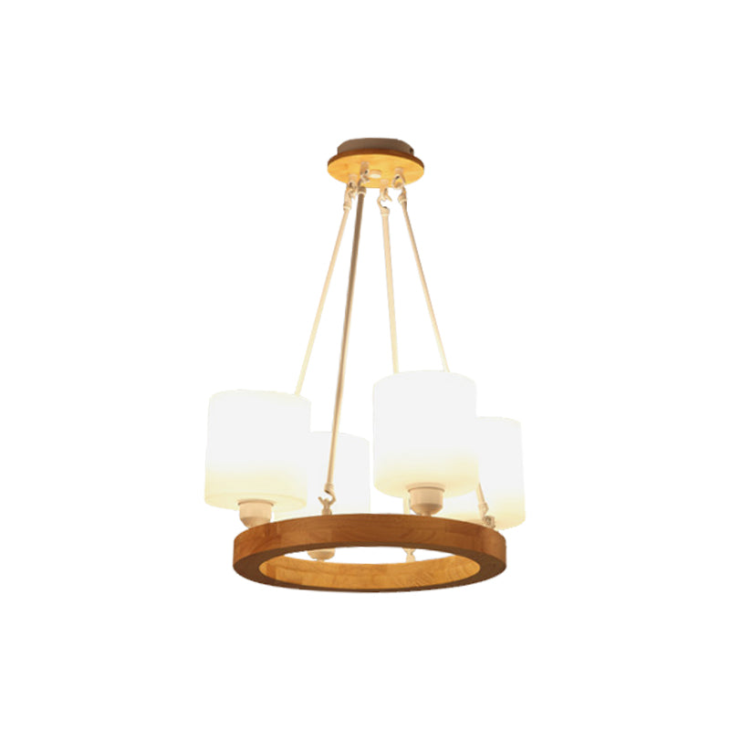 White Glass Cylinder Chandelier Light Modern 4/6/8-Light Wood Hanging Pendant Lamp with Ring Design Clearhalo 'Ceiling Lights' 'Chandeliers' 'Glass shade' 'Glass' 'Modern Chandeliers' 'Modern' Lighting' 731258