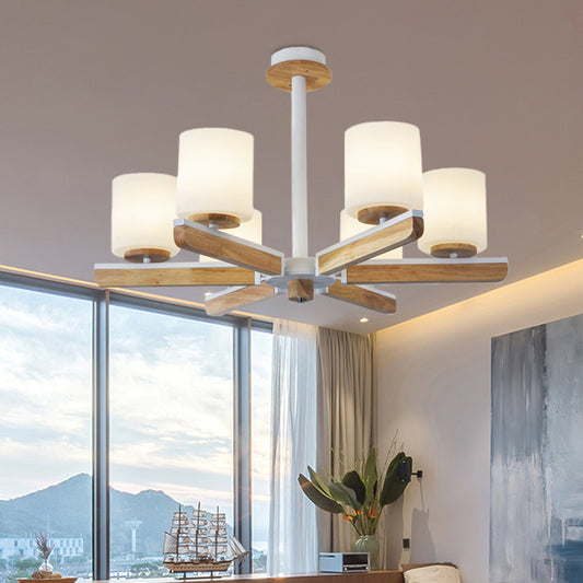 Modernist Cylinder Chandelier White Frosted Glass 6-Head Living Room Radial Pendant in Wood White Clearhalo 'Ceiling Lights' 'Chandeliers' 'Glass shade' 'Glass' 'Modern Chandeliers' 'Modern' Lighting' 731260