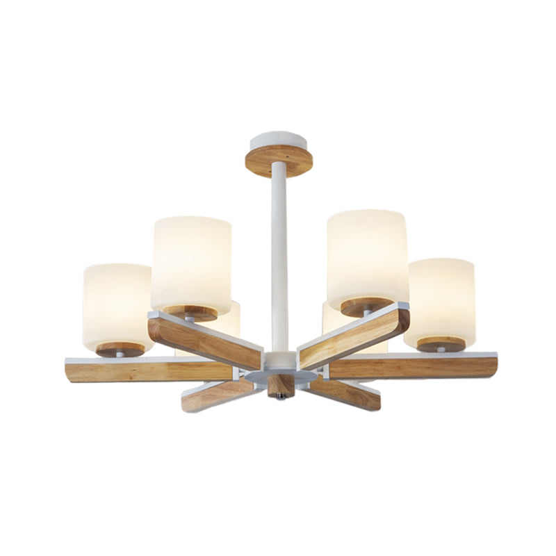Modernist Cylinder Chandelier White Frosted Glass 6-Head Living Room Radial Pendant in Wood Clearhalo 'Ceiling Lights' 'Chandeliers' 'Glass shade' 'Glass' 'Modern Chandeliers' 'Modern' Lighting' 731262