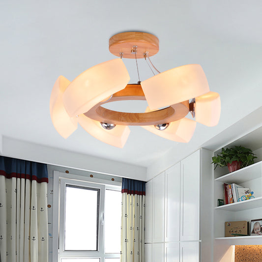 Wood Curved Chandelier Pendant Light Japanese 6 Lights White Glass Ring Hanging Ceiling Lamp White Clearhalo 'Ceiling Lights' 'Chandeliers' 'Modern Chandeliers' 'Modern' Lighting' 731265