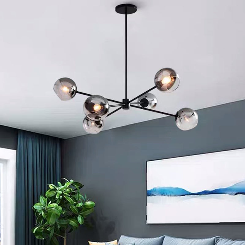 Smoke Gray Glass Ball Chandelier Lighting Minimalist 6-Bulb Black Finish Sputnik Pendant Lamp Fixture Clearhalo 'Ceiling Lights' 'Chandeliers' 'Glass shade' 'Glass' 'Modern Chandeliers' 'Modern' Lighting' 731271