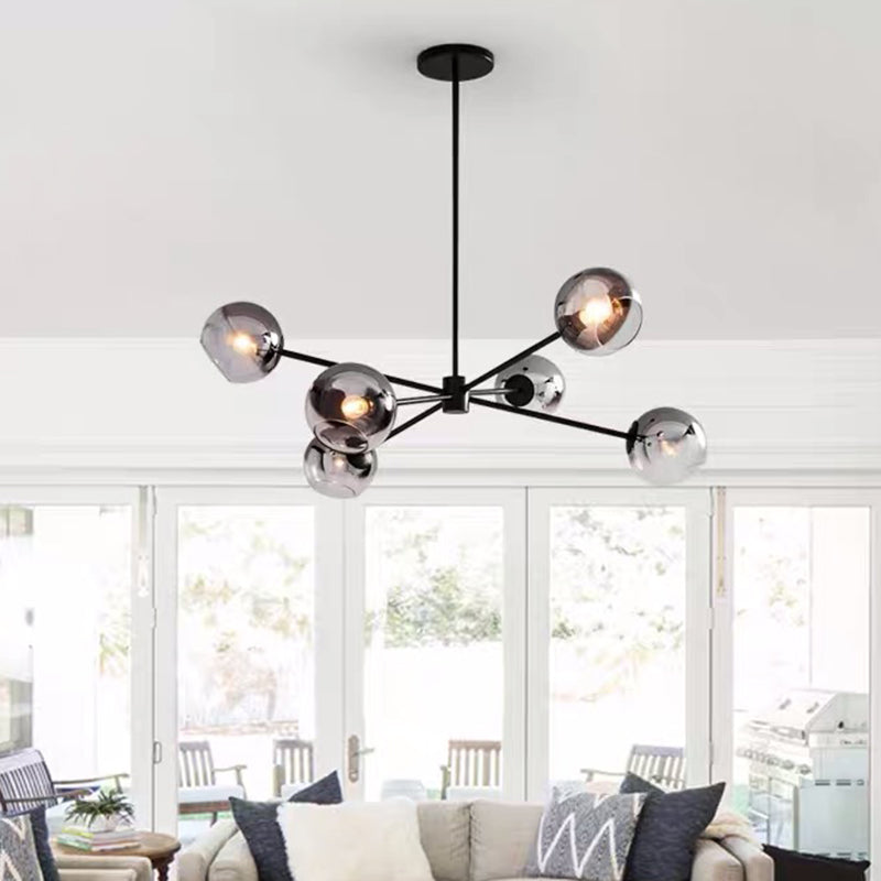 Smoke Gray Glass Ball Chandelier Lighting Minimalist 6-Bulb Black Finish Sputnik Pendant Lamp Fixture Clearhalo 'Ceiling Lights' 'Chandeliers' 'Glass shade' 'Glass' 'Modern Chandeliers' 'Modern' Lighting' 731272