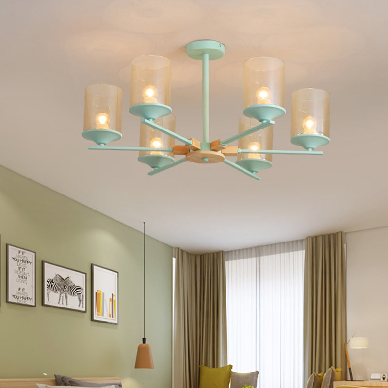 Radial Iron Ceiling Chandelier Modern 6 Heads White/Green and Wood Hanging Pendant with Cylinder Tan Glass Shade Clearhalo 'Ceiling Lights' 'Chandeliers' 'Glass shade' 'Glass' 'Modern Chandeliers' 'Modern' Lighting' 731296
