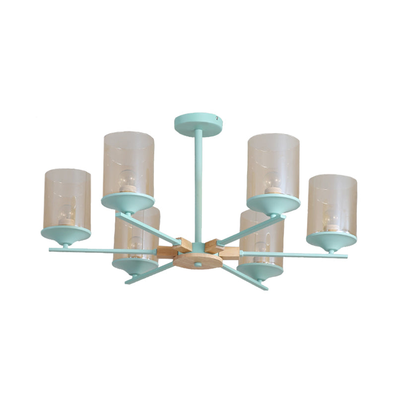 Radial Iron Ceiling Chandelier Modern 6 Heads White/Green and Wood Hanging Pendant with Cylinder Tan Glass Shade Clearhalo 'Ceiling Lights' 'Chandeliers' 'Glass shade' 'Glass' 'Modern Chandeliers' 'Modern' Lighting' 731297
