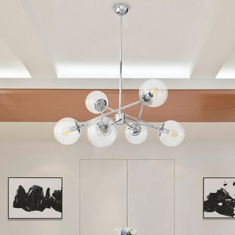 6 Heads Bedroom Chandelier Modern Chrome Hanging Ceiling Light with Orb Clear Glass Shade Chrome Clearhalo 'Ceiling Lights' 'Chandeliers' 'Glass shade' 'Glass' 'Modern Chandeliers' 'Modern' 'Pendant Lights' Lighting' 731322