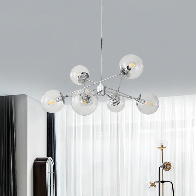 6 Heads Bedroom Chandelier Modern Chrome Hanging Ceiling Light with Orb Clear Glass Shade Clearhalo 'Ceiling Lights' 'Chandeliers' 'Glass shade' 'Glass' 'Modern Chandeliers' 'Modern' 'Pendant Lights' Lighting' 731323