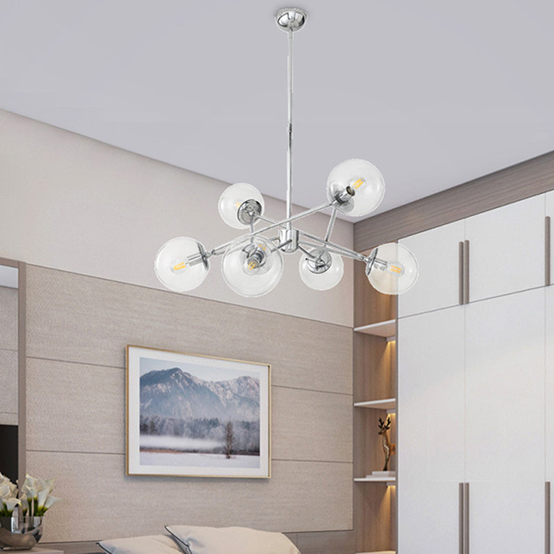 6 Heads Bedroom Chandelier Modern Chrome Hanging Ceiling Light with Orb Clear Glass Shade Clearhalo 'Ceiling Lights' 'Chandeliers' 'Glass shade' 'Glass' 'Modern Chandeliers' 'Modern' 'Pendant Lights' Lighting' 731324