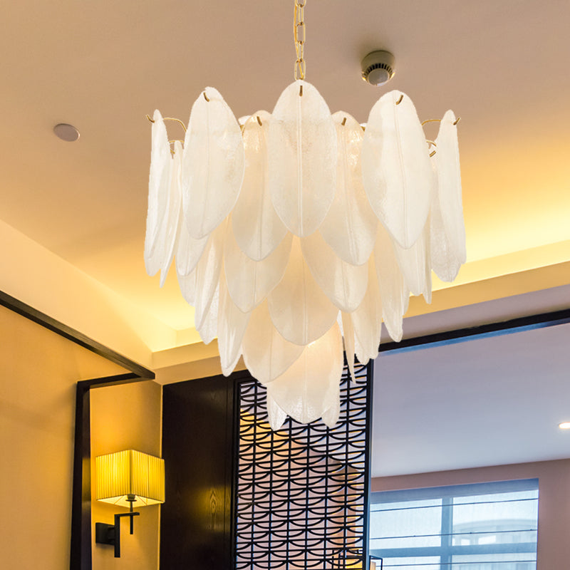 Leaf Pendant Chandelier Contemporary White Textured Glass 6 Bulbs Bedroom Suspension Light in Gold White Clearhalo 'Ceiling Lights' 'Chandeliers' 'Glass shade' 'Glass' 'Modern Chandeliers' 'Modern' 'Pendant Lights' Lighting' 731327