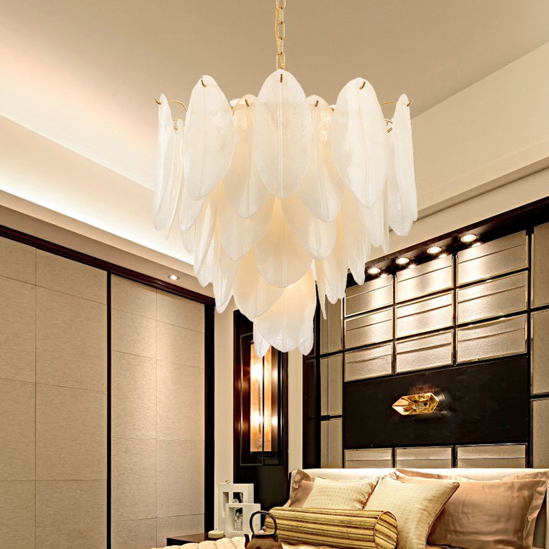 Leaf Pendant Chandelier Contemporary White Textured Glass 6 Bulbs Bedroom Suspension Light in Gold Clearhalo 'Ceiling Lights' 'Chandeliers' 'Glass shade' 'Glass' 'Modern Chandeliers' 'Modern' 'Pendant Lights' Lighting' 731328