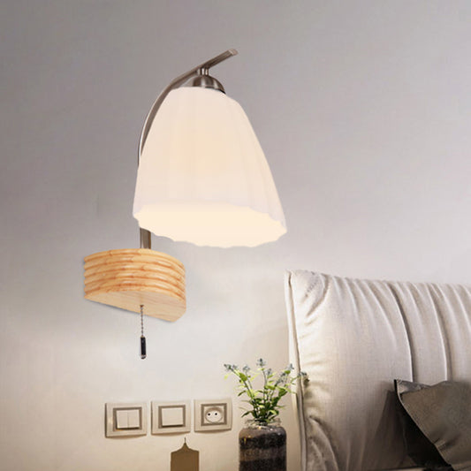 Milk Ribbed Glass Flared Sconce Light Fixture Modern 1 Head Wall Lamp with Pull Chain and Wood Backplate White Clearhalo 'Cast Iron' 'Glass' 'Industrial' 'Modern wall lights' 'Modern' 'Tiffany' 'Traditional wall lights' 'Wall Lamps & Sconces' 'Wall Lights' Lighting' 731337