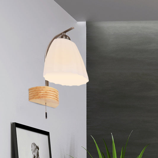 Milk Ribbed Glass Flared Sconce Light Fixture Modern 1 Head Wall Lamp with Pull Chain and Wood Backplate Clearhalo 'Cast Iron' 'Glass' 'Industrial' 'Modern wall lights' 'Modern' 'Tiffany' 'Traditional wall lights' 'Wall Lamps & Sconces' 'Wall Lights' Lighting' 731338