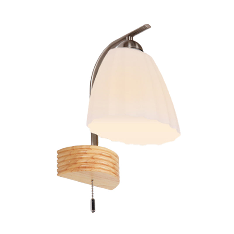 Milk Ribbed Glass Flared Sconce Light Fixture Modern 1 Head Wall Lamp with Pull Chain and Wood Backplate Clearhalo 'Cast Iron' 'Glass' 'Industrial' 'Modern wall lights' 'Modern' 'Tiffany' 'Traditional wall lights' 'Wall Lamps & Sconces' 'Wall Lights' Lighting' 731339