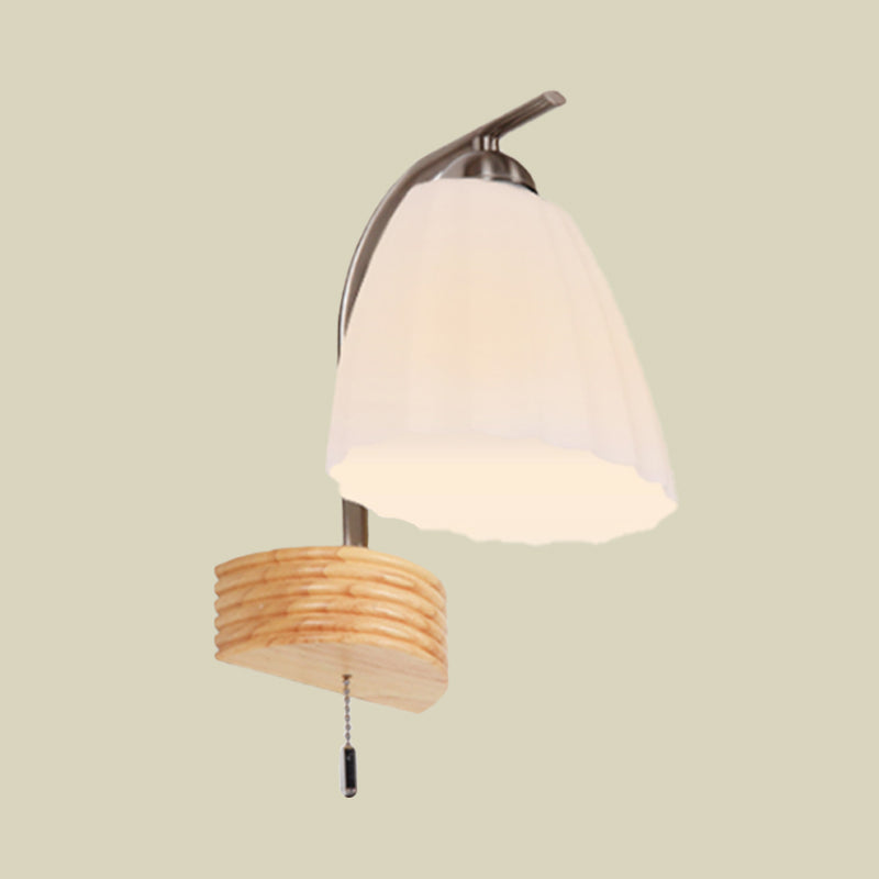 Milk Ribbed Glass Flared Sconce Light Fixture Modern 1 Head Wall Lamp with Pull Chain and Wood Backplate Clearhalo 'Cast Iron' 'Glass' 'Industrial' 'Modern wall lights' 'Modern' 'Tiffany' 'Traditional wall lights' 'Wall Lamps & Sconces' 'Wall Lights' Lighting' 731340