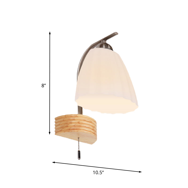 Milk Ribbed Glass Flared Sconce Light Fixture Modern 1 Head Wall Lamp with Pull Chain and Wood Backplate Clearhalo 'Cast Iron' 'Glass' 'Industrial' 'Modern wall lights' 'Modern' 'Tiffany' 'Traditional wall lights' 'Wall Lamps & Sconces' 'Wall Lights' Lighting' 731341