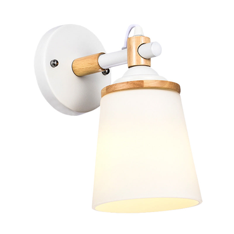 Modernist 1 Head Wall Sconce Light Barrel White/Black and Wood Wall Lamp Fixture with Cream Glass Shade Clearhalo 'Cast Iron' 'Glass' 'Industrial' 'Modern wall lights' 'Modern' 'Tiffany' 'Traditional wall lights' 'Wall Lamps & Sconces' 'Wall Lights' Lighting' 731344