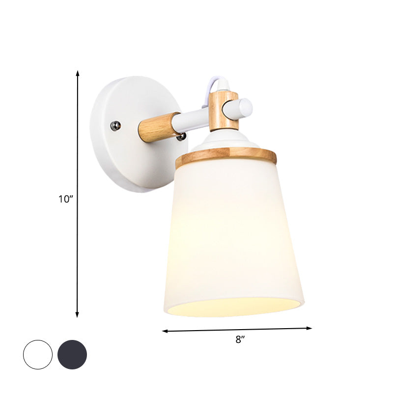 Modernist 1 Head Wall Sconce Light Barrel White/Black and Wood Wall Lamp Fixture with Cream Glass Shade Clearhalo 'Cast Iron' 'Glass' 'Industrial' 'Modern wall lights' 'Modern' 'Tiffany' 'Traditional wall lights' 'Wall Lamps & Sconces' 'Wall Lights' Lighting' 731346