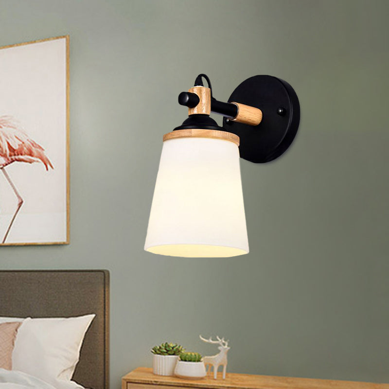 Modernist 1 Head Wall Sconce Light Barrel White/Black and Wood Wall Lamp Fixture with Cream Glass Shade Black Clearhalo 'Cast Iron' 'Glass' 'Industrial' 'Modern wall lights' 'Modern' 'Tiffany' 'Traditional wall lights' 'Wall Lamps & Sconces' 'Wall Lights' Lighting' 731347