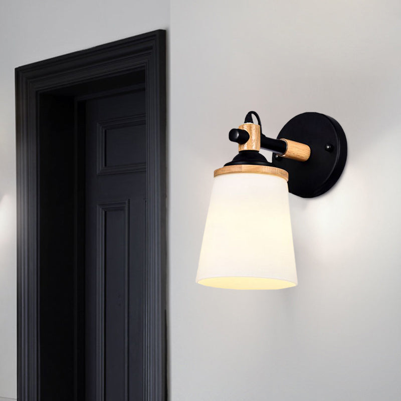 Modernist 1 Head Wall Sconce Light Barrel White/Black and Wood Wall Lamp Fixture with Cream Glass Shade Clearhalo 'Cast Iron' 'Glass' 'Industrial' 'Modern wall lights' 'Modern' 'Tiffany' 'Traditional wall lights' 'Wall Lamps & Sconces' 'Wall Lights' Lighting' 731348