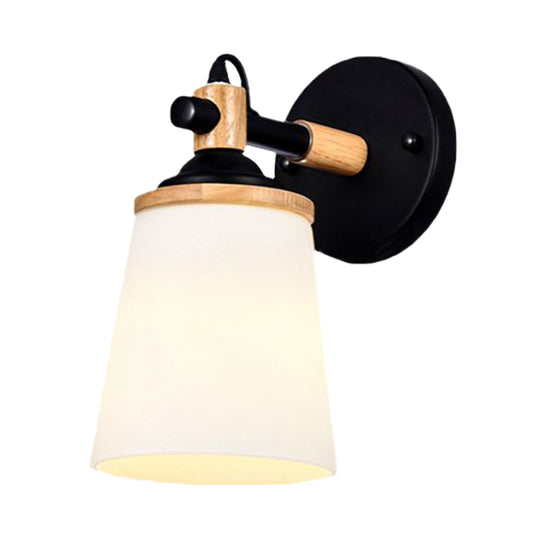 Modernist 1 Head Wall Sconce Light Barrel White/Black and Wood Wall Lamp Fixture with Cream Glass Shade Clearhalo 'Cast Iron' 'Glass' 'Industrial' 'Modern wall lights' 'Modern' 'Tiffany' 'Traditional wall lights' 'Wall Lamps & Sconces' 'Wall Lights' Lighting' 731349