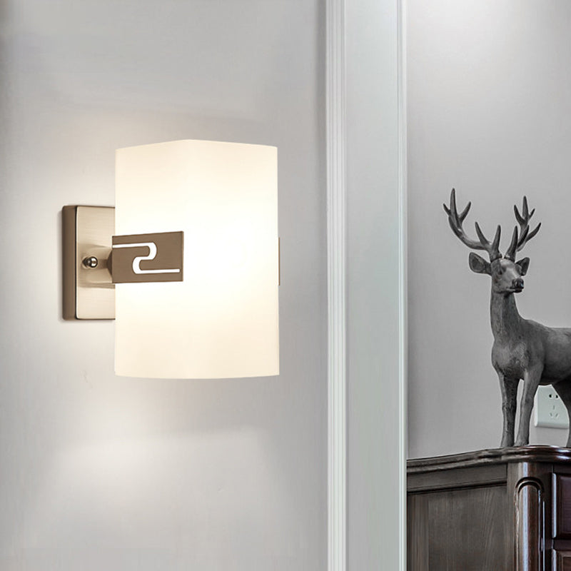 Nickel Cuboid Wall Mounted Light Modern 1-Light White Glass Sconce Lamp for Corridor Clearhalo 'Cast Iron' 'Glass' 'Industrial' 'Modern wall lights' 'Modern' 'Tiffany' 'Traditional wall lights' 'Wall Lamps & Sconces' 'Wall Lights' Lighting' 731351