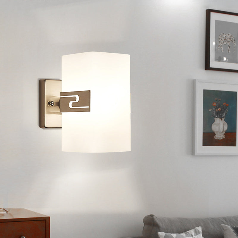 Nickel Cuboid Wall Mounted Light Modern 1-Light White Glass Sconce Lamp for Corridor Clearhalo 'Cast Iron' 'Glass' 'Industrial' 'Modern wall lights' 'Modern' 'Tiffany' 'Traditional wall lights' 'Wall Lamps & Sconces' 'Wall Lights' Lighting' 731352