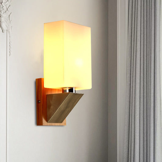 Cuboid Sconce Lighting Modernist White Frosted Glass 1 Head Wood Wall Lamp with Triangle Metal Base White Clearhalo 'Cast Iron' 'Glass' 'Industrial' 'Modern wall lights' 'Modern' 'Tiffany' 'Traditional wall lights' 'Wall Lamps & Sconces' 'Wall Lights' Lighting' 731355