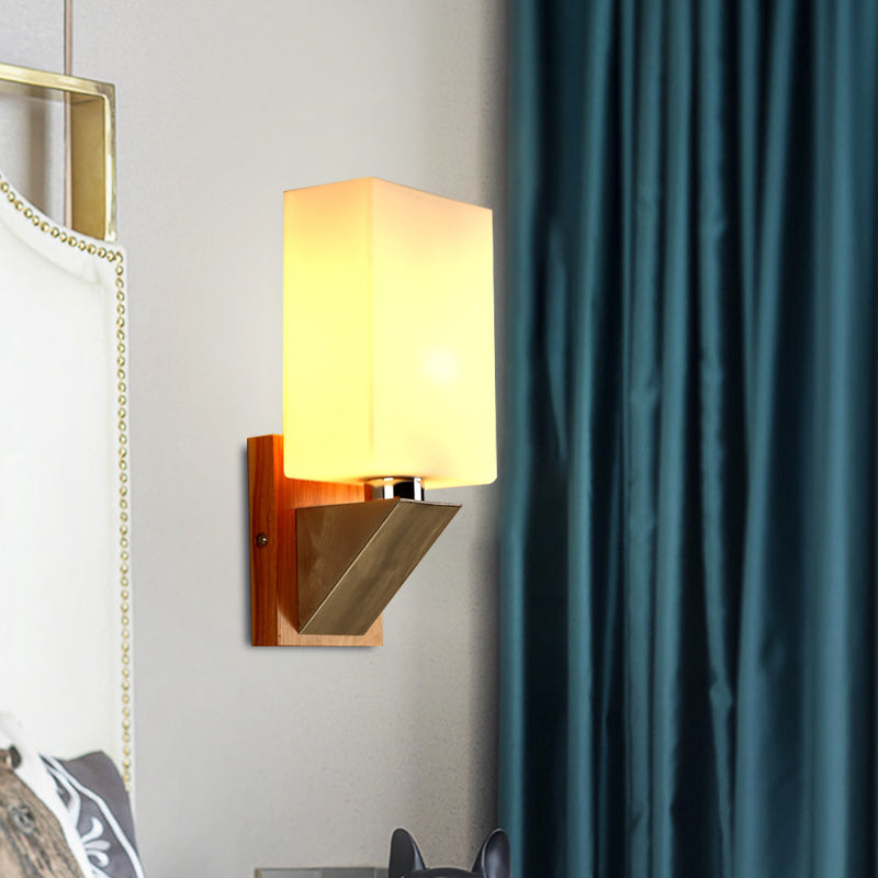 Cuboid Sconce Lighting Modernist White Frosted Glass 1 Head Wood Wall Lamp with Triangle Metal Base Clearhalo 'Cast Iron' 'Glass' 'Industrial' 'Modern wall lights' 'Modern' 'Tiffany' 'Traditional wall lights' 'Wall Lamps & Sconces' 'Wall Lights' Lighting' 731356