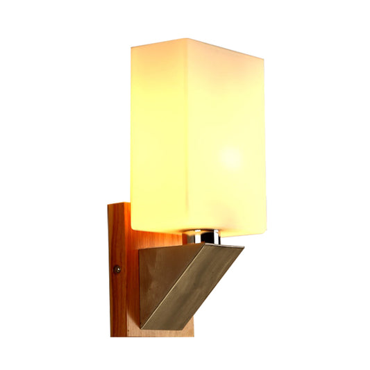 Cuboid Sconce Lighting Modernist White Frosted Glass 1 Head Wood Wall Lamp with Triangle Metal Base Clearhalo 'Cast Iron' 'Glass' 'Industrial' 'Modern wall lights' 'Modern' 'Tiffany' 'Traditional wall lights' 'Wall Lamps & Sconces' 'Wall Lights' Lighting' 731357