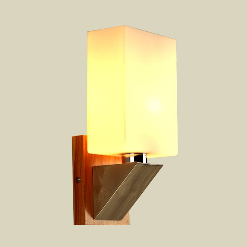 Cuboid Sconce Lighting Modernist White Frosted Glass 1 Head Wood Wall Lamp with Triangle Metal Base Clearhalo 'Cast Iron' 'Glass' 'Industrial' 'Modern wall lights' 'Modern' 'Tiffany' 'Traditional wall lights' 'Wall Lamps & Sconces' 'Wall Lights' Lighting' 731358