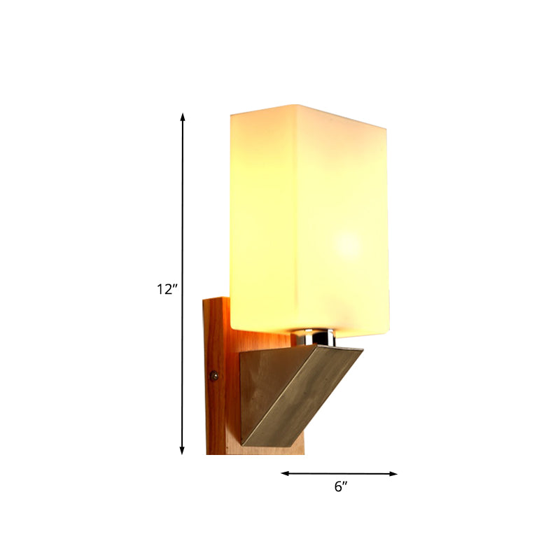 Cuboid Sconce Lighting Modernist White Frosted Glass 1 Head Wood Wall Lamp with Triangle Metal Base Clearhalo 'Cast Iron' 'Glass' 'Industrial' 'Modern wall lights' 'Modern' 'Tiffany' 'Traditional wall lights' 'Wall Lamps & Sconces' 'Wall Lights' Lighting' 731359