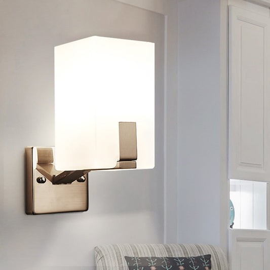 White Frosted Glass Cuboid Wall Light Sconce Modernism 1 Light Wall Mounted Lamp in Nickel White Clearhalo 'Cast Iron' 'Glass' 'Industrial' 'Modern wall lights' 'Modern' 'Tiffany' 'Traditional wall lights' 'Wall Lamps & Sconces' 'Wall Lights' Lighting' 731360