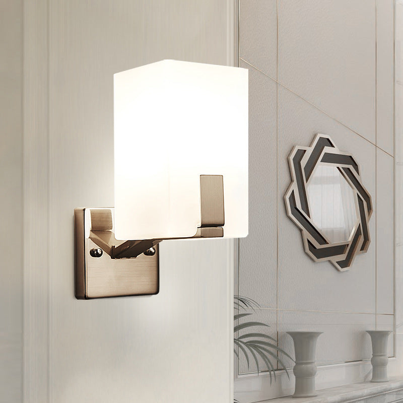 White Frosted Glass Cuboid Wall Light Sconce Modernism 1 Light Wall Mounted Lamp in Nickel Clearhalo 'Cast Iron' 'Glass' 'Industrial' 'Modern wall lights' 'Modern' 'Tiffany' 'Traditional wall lights' 'Wall Lamps & Sconces' 'Wall Lights' Lighting' 731361