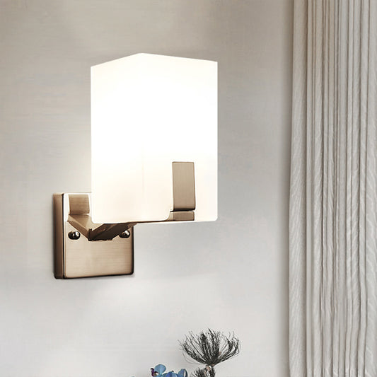 White Frosted Glass Cuboid Wall Light Sconce Modernism 1 Light Wall Mounted Lamp in Nickel Clearhalo 'Cast Iron' 'Glass' 'Industrial' 'Modern wall lights' 'Modern' 'Tiffany' 'Traditional wall lights' 'Wall Lamps & Sconces' 'Wall Lights' Lighting' 731362
