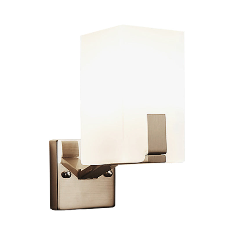 White Frosted Glass Cuboid Wall Light Sconce Modernism 1 Light Wall Mounted Lamp in Nickel Clearhalo 'Cast Iron' 'Glass' 'Industrial' 'Modern wall lights' 'Modern' 'Tiffany' 'Traditional wall lights' 'Wall Lamps & Sconces' 'Wall Lights' Lighting' 731363