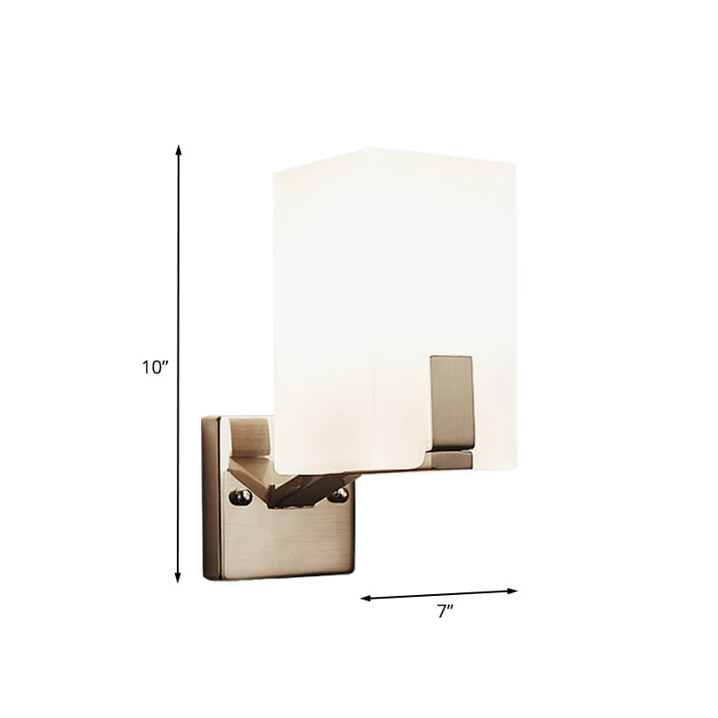 White Frosted Glass Cuboid Wall Light Sconce Modernism 1 Light Wall Mounted Lamp in Nickel Clearhalo 'Cast Iron' 'Glass' 'Industrial' 'Modern wall lights' 'Modern' 'Tiffany' 'Traditional wall lights' 'Wall Lamps & Sconces' 'Wall Lights' Lighting' 731364