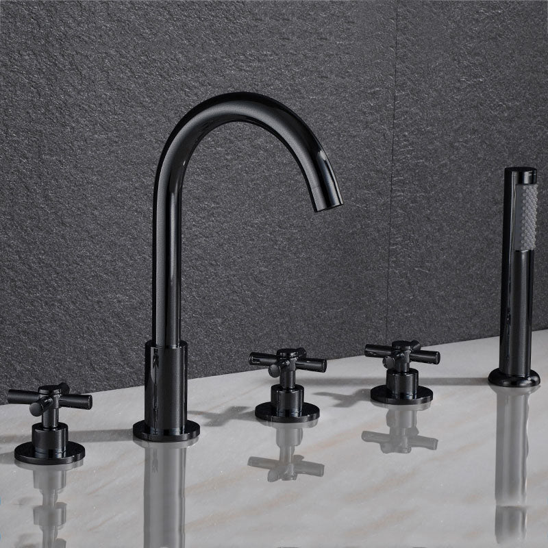 Contemporary Bathroom Faucet Deck Mounted Copper Low Arc Swivel Roman Tub Faucet Set Black Gooseneck Cross Handles Clearhalo 'Bathroom Remodel & Bathroom Fixtures' 'Bathtub Faucets' 'bathtub_faucets' 'Home Improvement' 'home_improvement' 'home_improvement_bathtub_faucets' 7313868